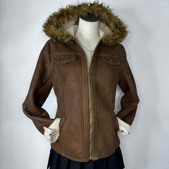 Y2K Faux Fur Trim Jacket Coat Brown Faux Suede 00s - Picture 2 of 8